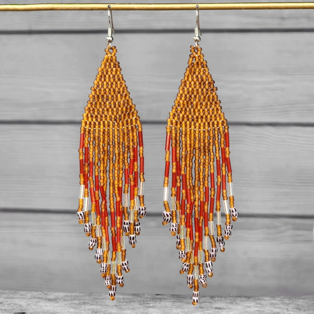 Handmade Soux Beaded Earrings Long Boho Ethnic Rusty Burgundy Tribal Dangle